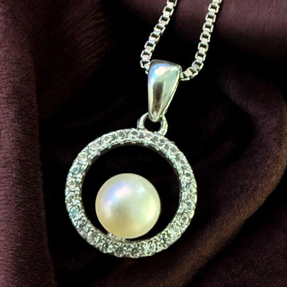 Vintage Pearl Sterling Silver Cubic Zirconia Necklace 18” Signed CP 925 - Picture 1 of 13